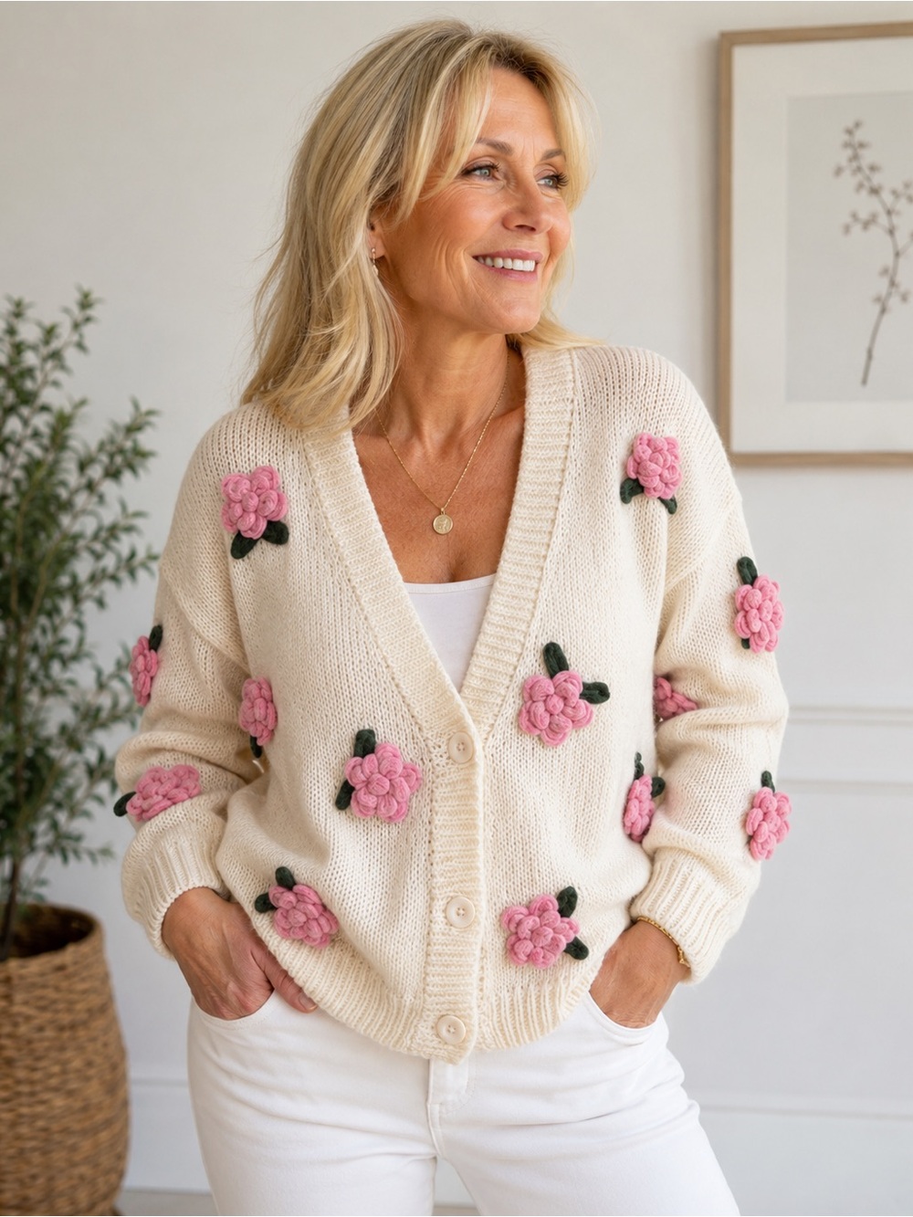 Luna Ivy chunky knit floral roses  sweater cardigan LARGE